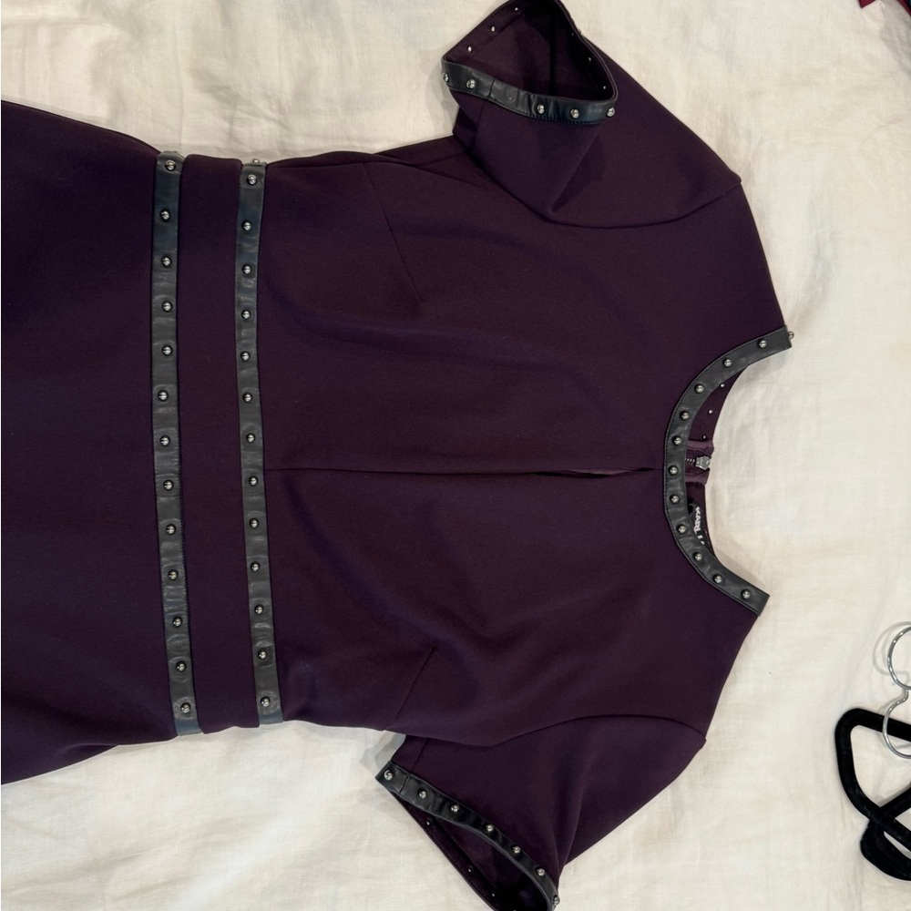 Karl Lagerfeld Purple Midi Dress with Black Leather/Studded Accents